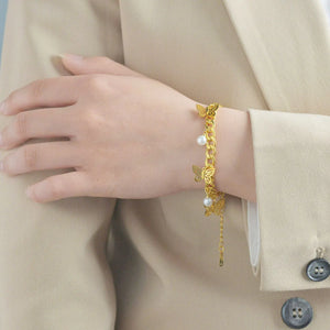 Silver/Stainless Steel Cuba-Chain Butterfly Pearl Bracelet, Adjustable Gift