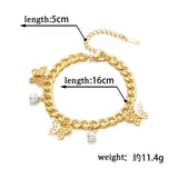 Silver/Stainless Steel Cuba-Chain Butterfly Pearl Bracelet, Adjustable Gift