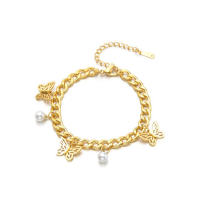 Silver/Stainless Steel Cuba-Chain Butterfly Pearl Bracelet, Adjustable Gift