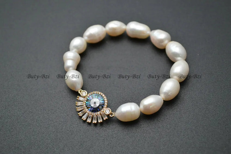 Abalone CZ Sun Charm Bracelet with Natural Pearl Beads