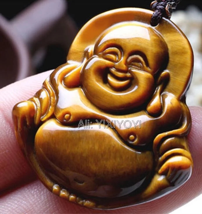 Chinese Tiger Eye Laughing Buddha Pendant Necklace Fine Jewelry