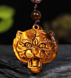 Natural Crystal Tiger Eye Carved Tiger Head Pendant + Rope Necklace