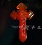 Chinese Natural Yellow Red Agate Jade Cross Lucky Pendant + Necklace