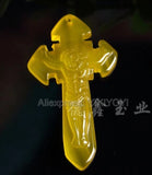 Chinese Natural Yellow Red Agate Jade Cross Lucky Pendant + Necklace