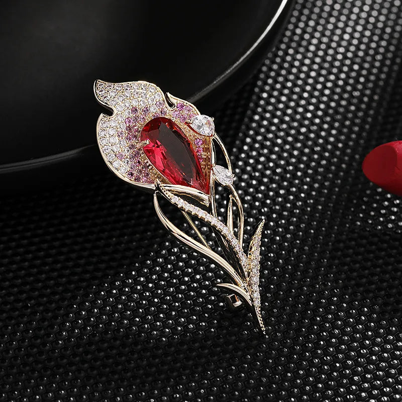 Red Zircon Inlaid Tulip Brooch Pin Winter Jewelry Christmas Broche