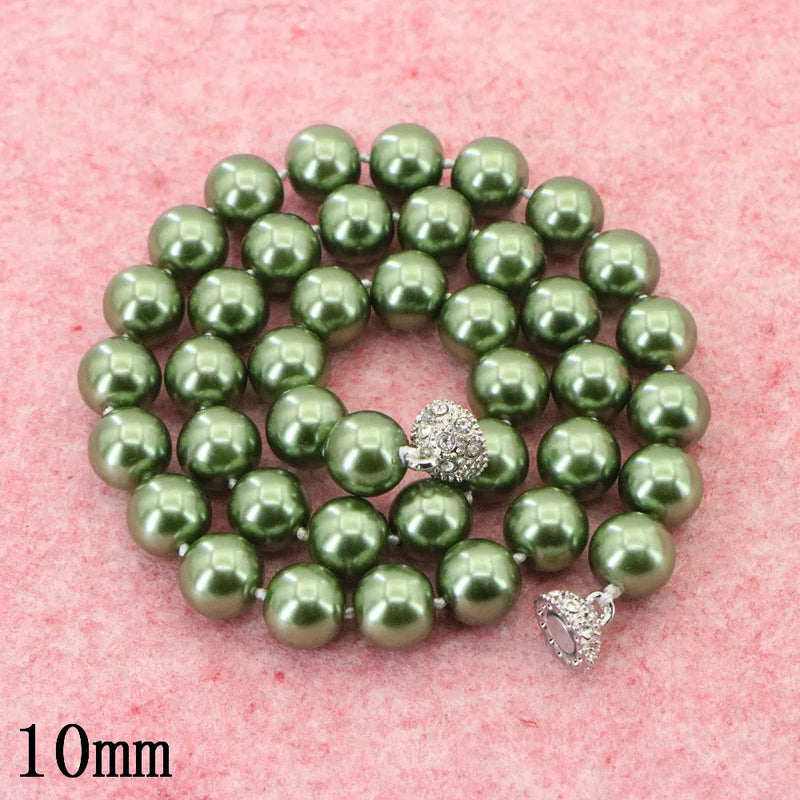 10mm Army Green Pearl Beads Necklace Magnet Clasp Women