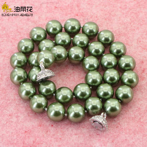 10mm Army Green Pearl Beads Necklace Magnet Clasp Women