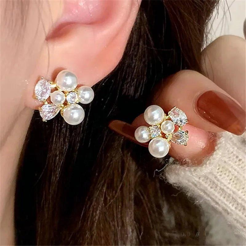 Zircon Pearl Paved Stud Earrings Creative Delicate Earings