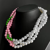 Pink Green Pearl Layered Twisted Choker Necklace