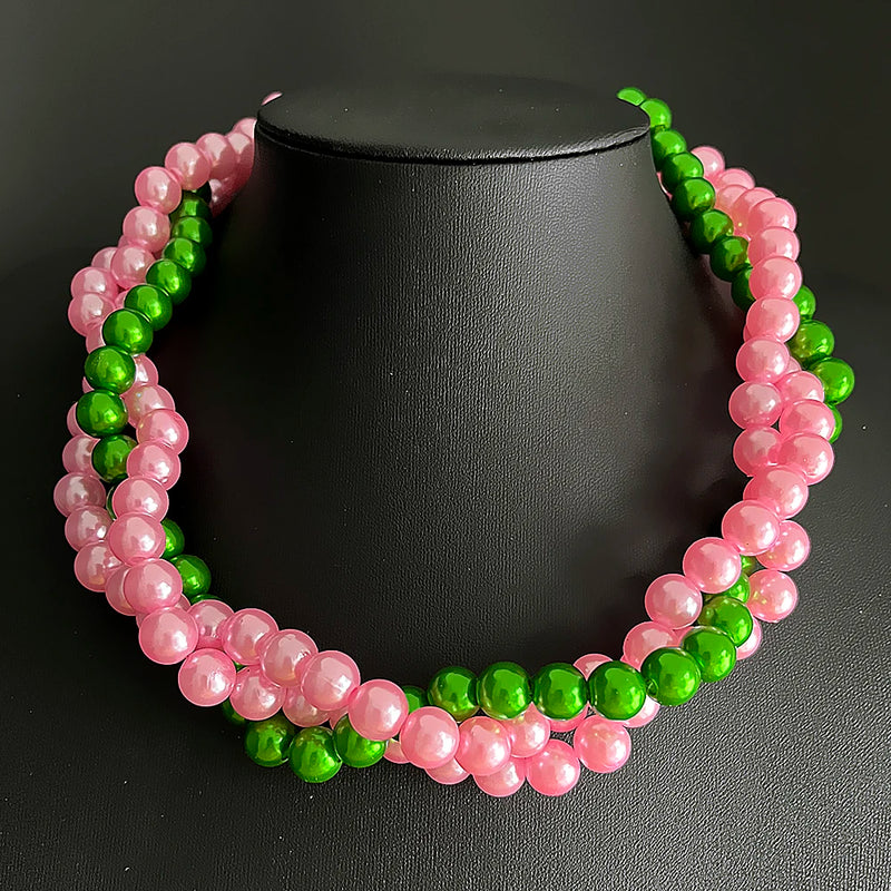 Pink Green Pearl Layered Twisted Choker Necklace