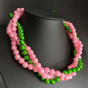 Pink Green Pearl Layered Twisted Choker Necklace