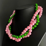 Pink Green Pearl Layered Twisted Choker Necklace