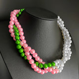 Pink Green Pearl Layered Twisted Choker Necklace