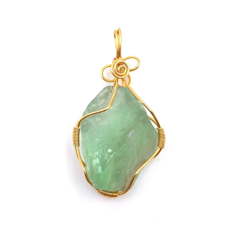 Green Fluorite Stone Pendant Wire Wrapped Gemstone Women Jewelry