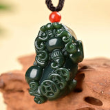 Dark Green HeTian Jade Coin PiXiu Lucky Pendant Necklace Charm