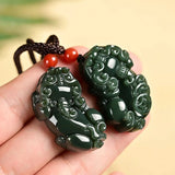 Dark Green HeTian Jade Coin PiXiu Lucky Pendant Necklace Charm