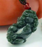 Dark Green HeTian Jade Coin PiXiu Lucky Pendant Necklace Charm