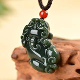 Dark Green HeTian Jade Coin PiXiu Lucky Pendant Necklace Charm