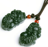 Dark Green HeTian Jade Coin PiXiu Lucky Pendant Necklace Charm