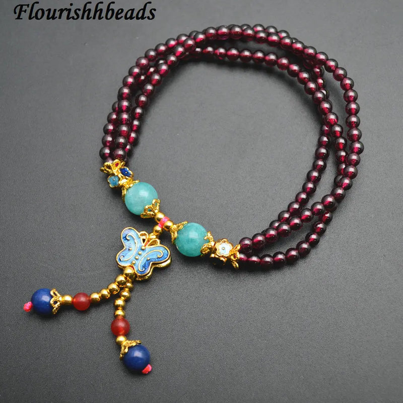 Garnet Beads Cloisonne Butterfly Charm Bracelets