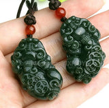 Green HeTian Jade Coin PiXiu Amulet Pendant Necklace