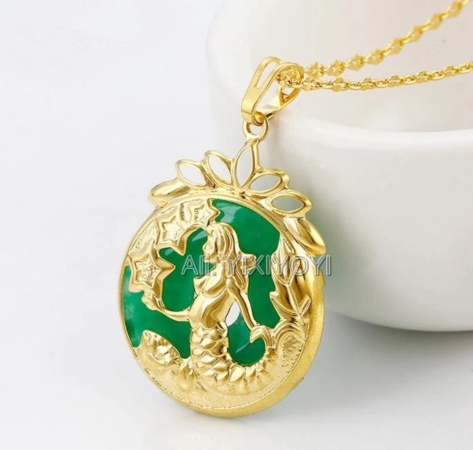 Green Jade Mermaid Beauty Amulet Lucky Pendant Necklace