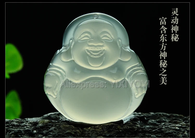 Natural Ice Agate Jade Laughing Buddha Pendant + Necklace