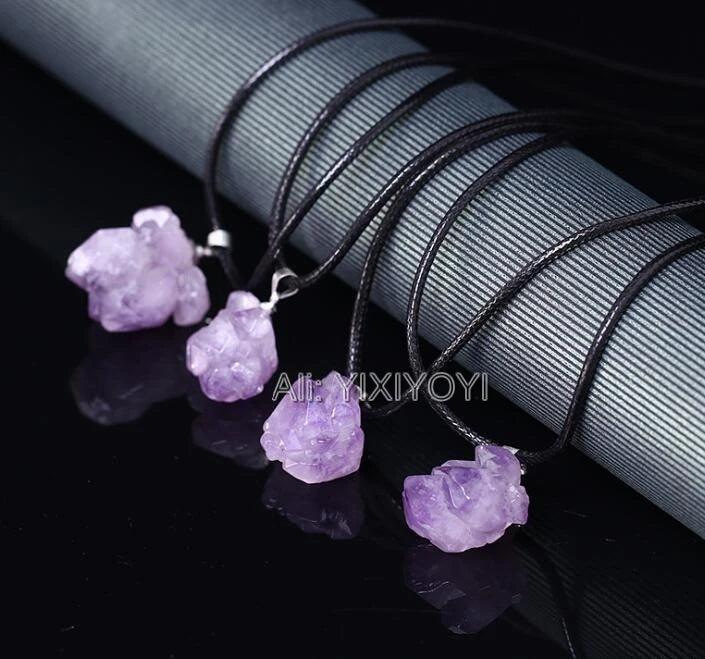 Natural Purple Crystal Unique Rock Beads Lucky Pendant + Necklace