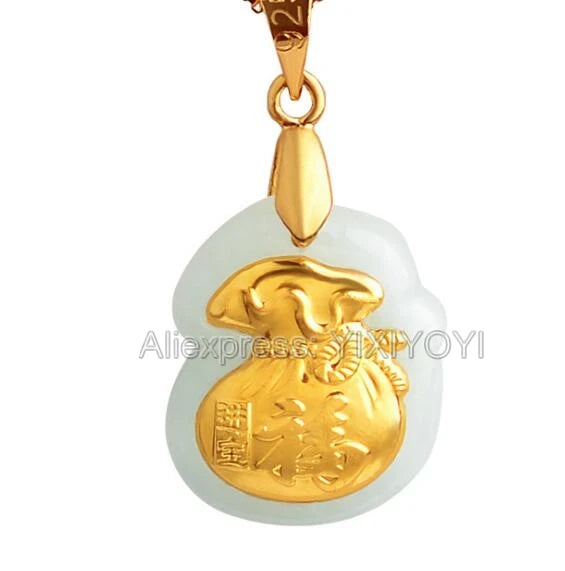 Hetian Jade 18K Solid Fu Money Bag Pendant Necklace