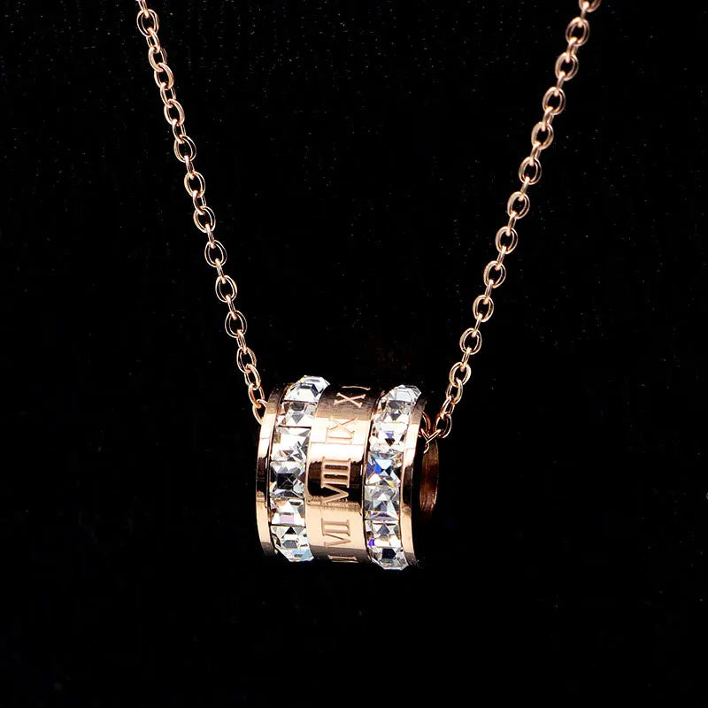 Roman Numerals Zircon Pendant Necklace Titanium Steel Rose Jewelry Gift