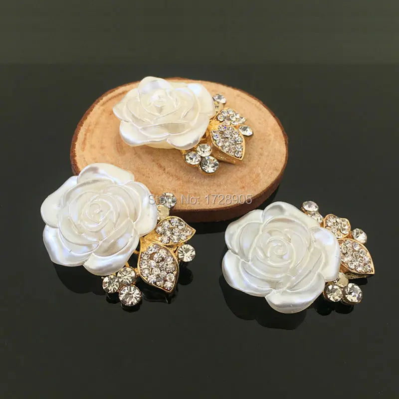 Roses Pearl Flower Embellishment Clear Rhinestones Vintage Crystal Button
