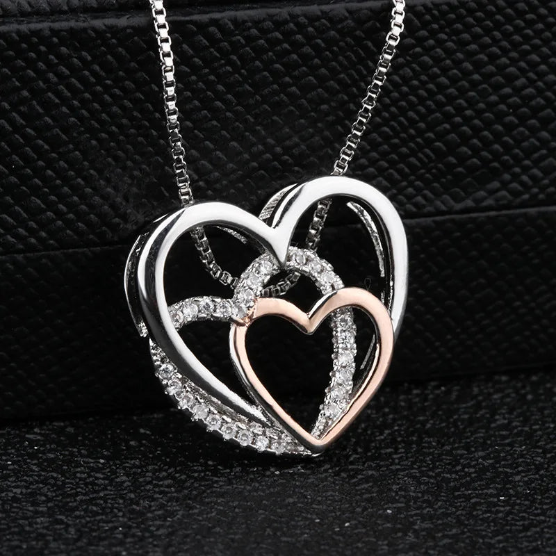 Silver Three Hearts Necklaces & Pendants for Women Lady Cubic Zirconia