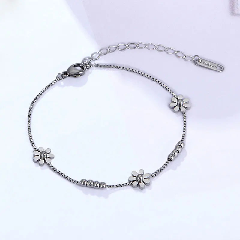 Stainless Steel Daisy Top Box Chain Bracelet Gift Jewelry