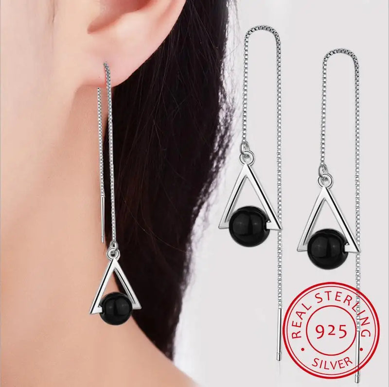 925 Silver Triangle Geometric Crystal Tassel Dangle Earrings