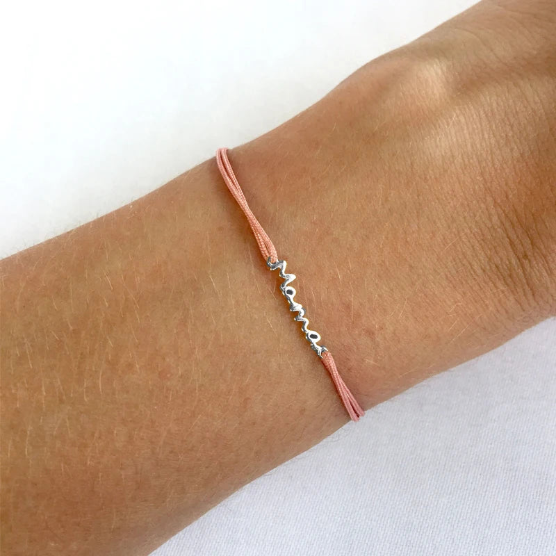 925 Sterling Silver Mama Charm Bracelet Pink String Adjustable Mothers' Gift