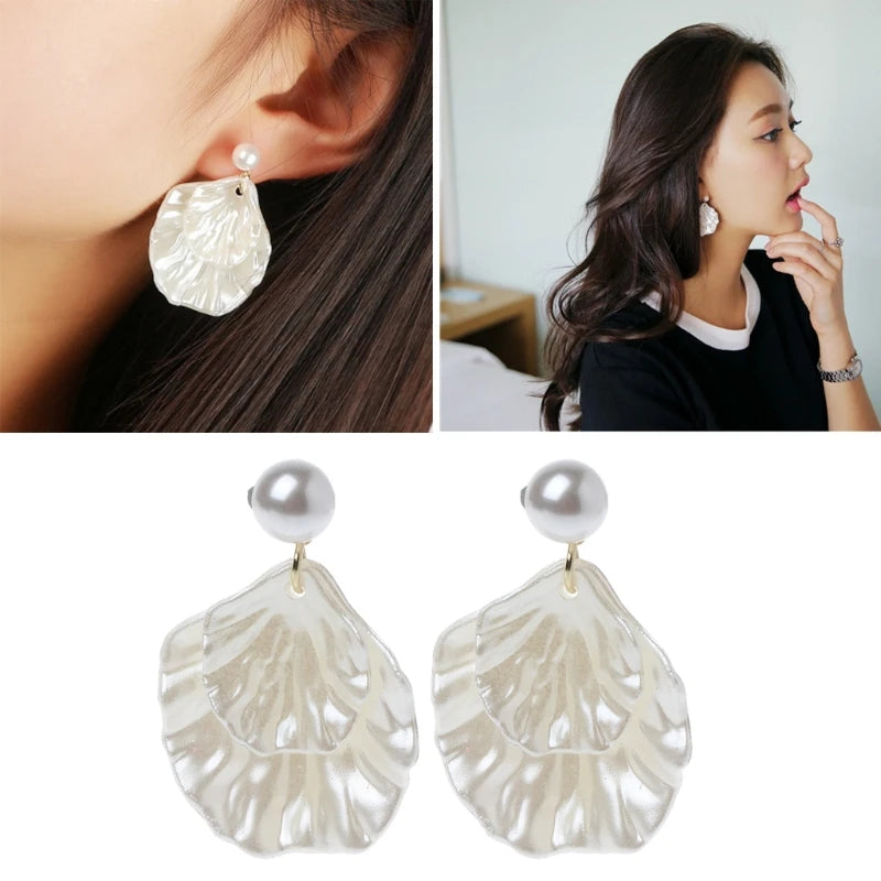 Mother of Pearl Double Carve Shell Leaf Dangle Hook Earrings Jewelry
