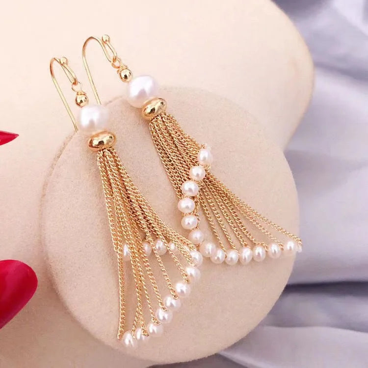 Fan-shaped Tassel Pearl Earrings 14K Filled 925 Silver Ear Hook