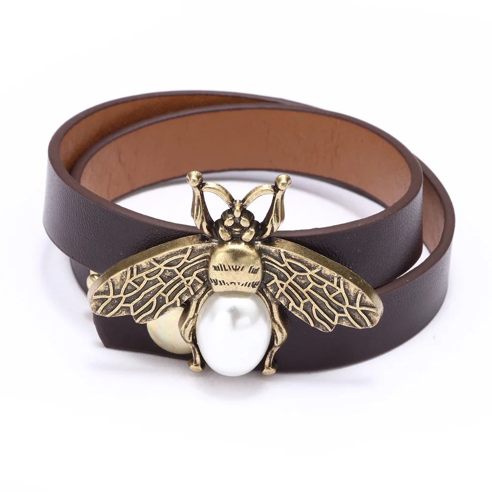Bee Leather Bracelet Retro Wristband Pearl Multilayer Wide Wrap Bangle