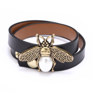 Bee Leather Bracelet Retro Wristband Pearl Multilayer Wide Wrap Bangle