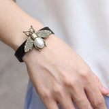 Bee Leather Bracelet Retro Wristband Pearl Multilayer Wide Wrap Bangle