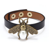 Bee Leather Bracelet Retro Wristband Pearl Multilayer Wide Wrap Bangle
