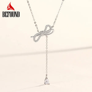 Long Bowtie Necklace 925 Sterling Silver Rose & Silver Zirconia Bow Tie Pendant