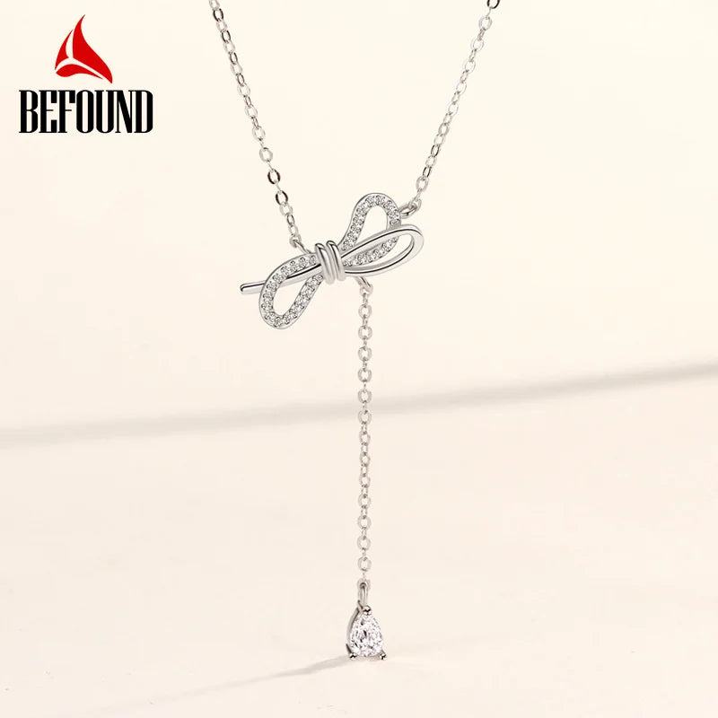 Long Bowtie Necklace 925 Sterling Silver Rose & Silver Zirconia Bow Tie Pendant