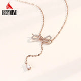 Long Bowtie Necklace 925 Sterling Silver Rose & Silver Zirconia Bow Tie Pendant