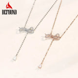 Long Bowtie Necklace 925 Sterling Silver Rose & Silver Zirconia Bow Tie Pendant