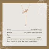 Long Bowtie Necklace 925 Sterling Silver Rose & Silver Zirconia Bow Tie Pendant