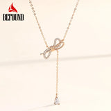 Long Bowtie Necklace 925 Sterling Silver Rose & Silver Zirconia Bow Tie Pendant