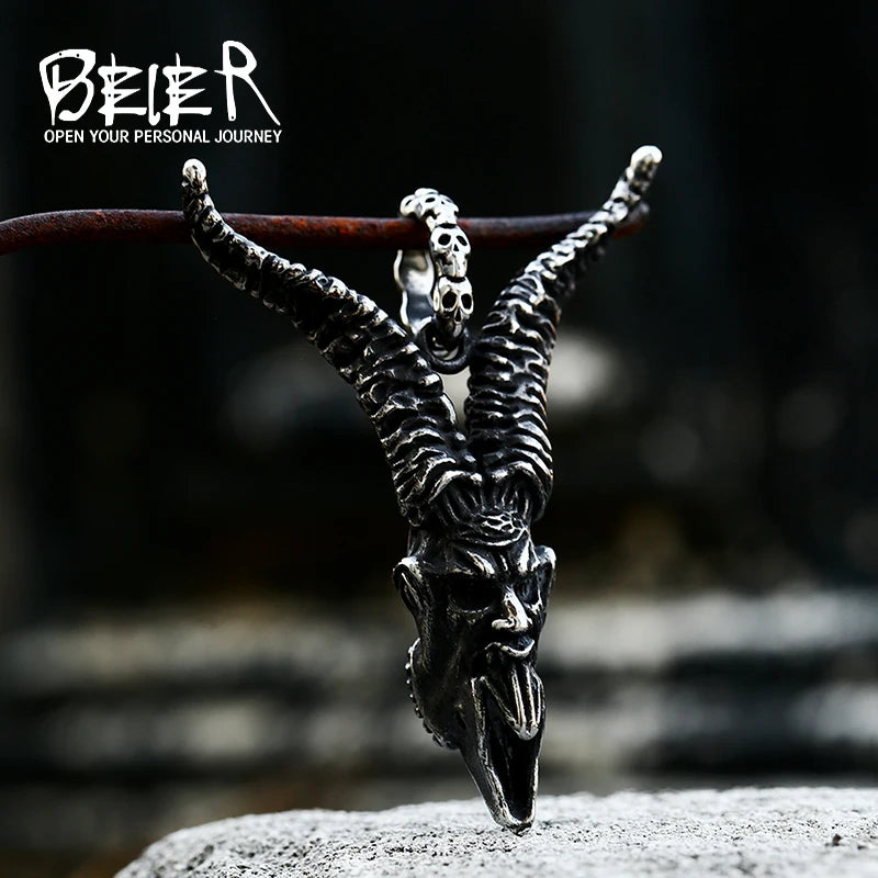 316L Stainless Steel Skull Satan Sheep Horns Pendant Necklace