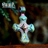 Beier Stainless Steel Cross Flower Gem Pendant Chain Necklace Men Jewelry