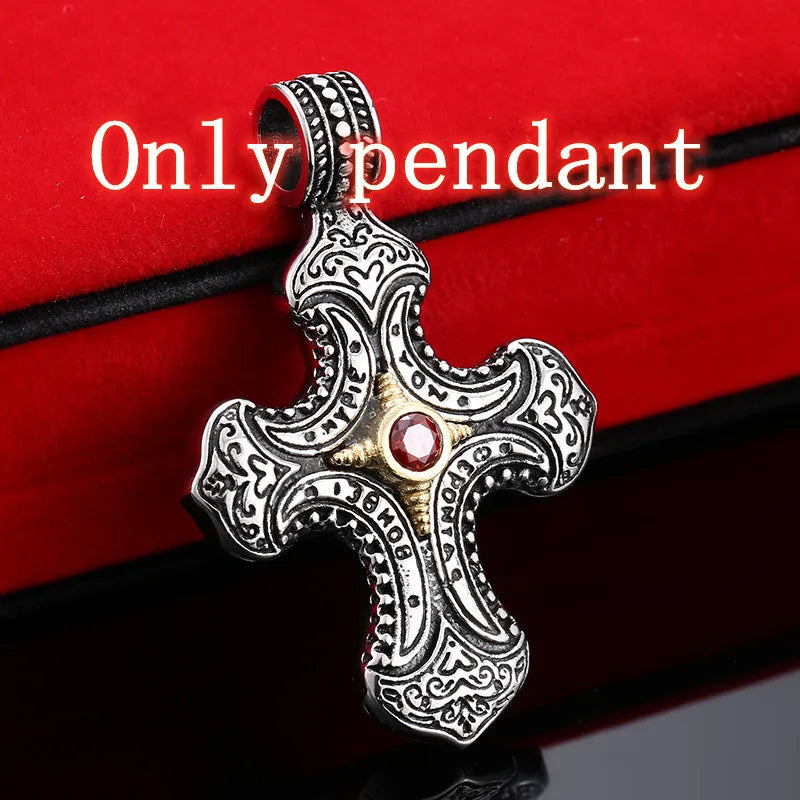 Beier Stainless Steel Cross Flower Gem Pendant Chain Necklace Men Jewelry